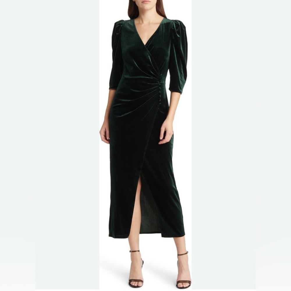 Chelsea 28 Emerald Green Velvet Wrap Dress, Puff Sleeve, Ruching, Flattering Med
